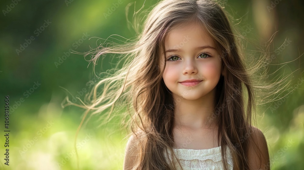 Happy young girl with beautiful long hair poses against a lush green nature background, capturing a dreamy spring vibe that highlights her healthy hair and joyful spirit, with ample copy space. Happy young girl with beautiful long hair poses against a lush green nature background, capturing a dreamy spring vibe that highlights her healthy hair and joyful spirit, with ample copy space.