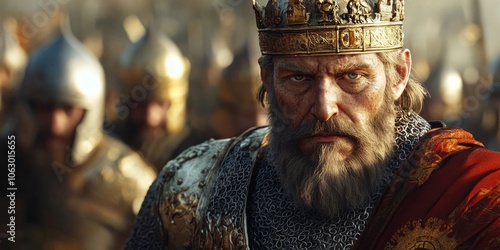 Charlemagne, the Frankish king, is depicted wearing regal clothing, showcasing his royal stature and authority throughout his reign as a powerful historical figure.