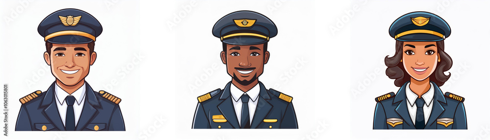 Three cartoon pilots, one woman and two men, wear blue uniforms with gold trim, smiling while looking directly at the viewer. Three cartoon pilots, one woman and two men, wear blue uniforms with gold trim, smiling while looking directly at the viewer.