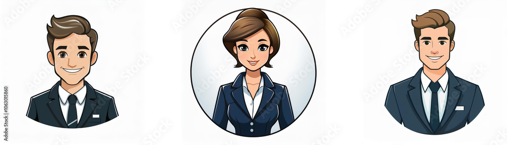 Three cartoon characters are shown in profile view, two men and one woman. They are all smiling. All characters are wearing business suits with white shirts and ties. Three cartoon characters are shown in profile view, two men and one woman. They are all smiling. All characters are wearing business suits with white shirts and ties.