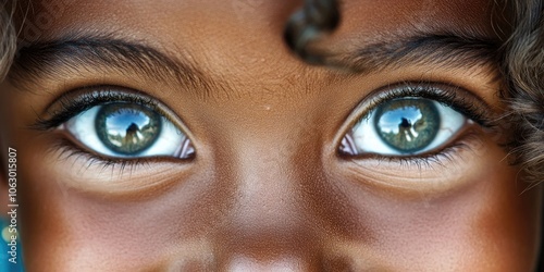 Close up view of a girls eyes filled with laughter, showcasing joy and happiness in her expression. The focus on her eyes captures the essence of her joyful spirit.