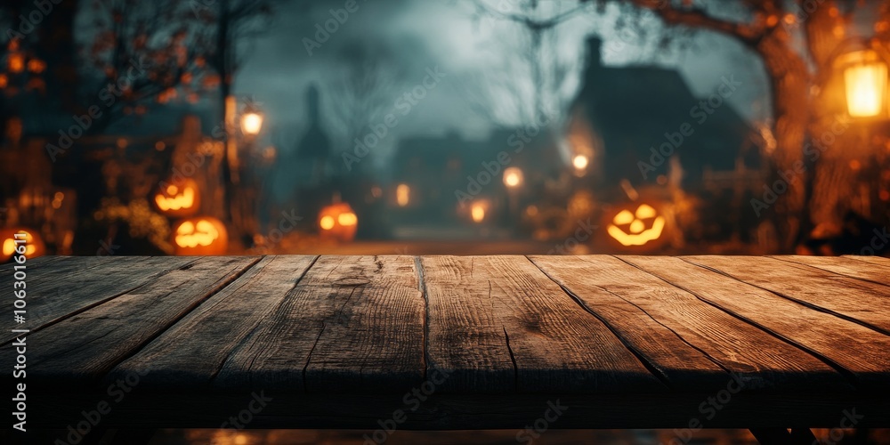 A plain wooden table sits in the foreground, with a blurry Halloween scene behind it. It's a perfect spot for your spooky Halloween decorations or treats. A plain wooden table sits in the foreground, with a blurry Halloween scene behind it. It's a perfect spot for your spooky Halloween decorations or treats.