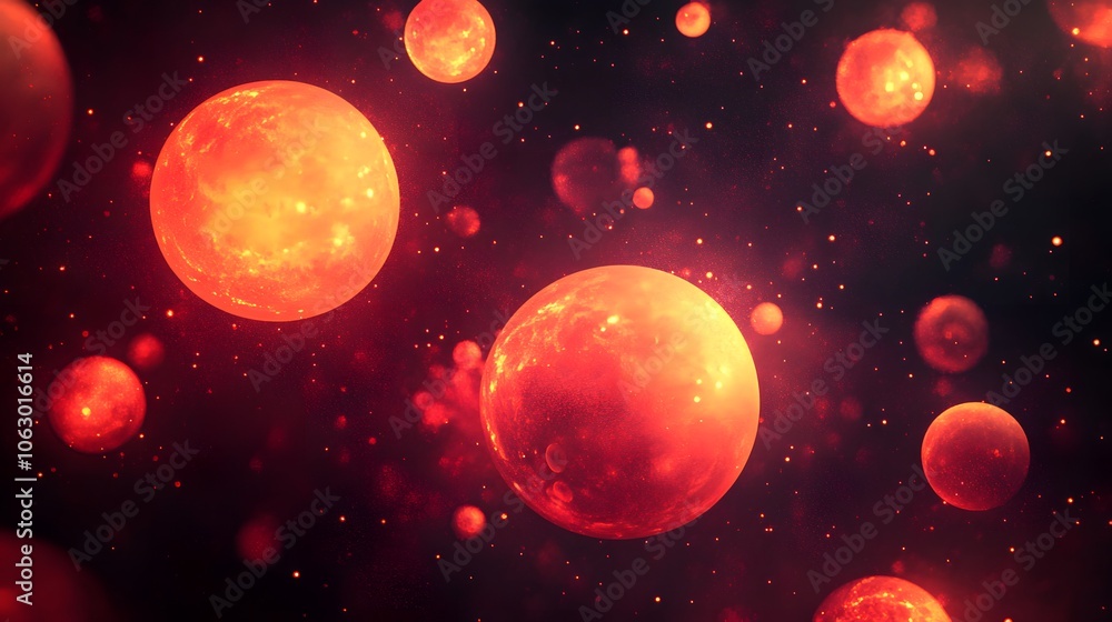 Fototapeta premium Two Glowing Planets in a Starry Red Nebula
