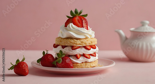 Strawberry shortcake on a pastel pink background.