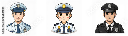 Three cartoon illustrations of police officers with different uniforms, smiling.