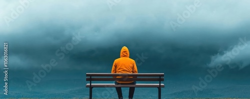 A person sitting on a bench, head down, surrounded by dark clouds, symbolizing depression and mental health struggles