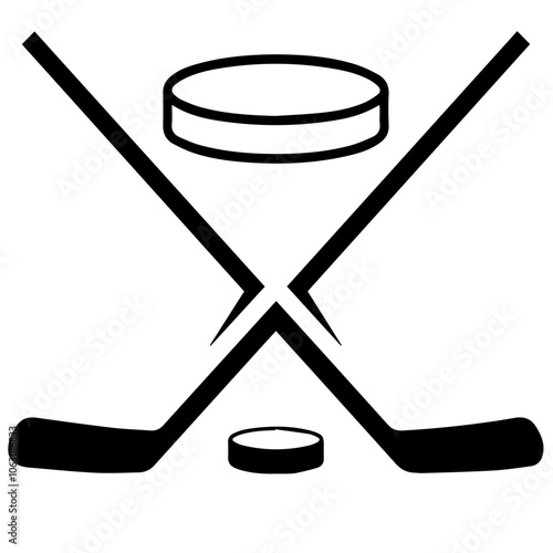 A minimalist black-and-white logo for hockey, using a clean outline of a hockey puck with two simple crossed hockey sticks