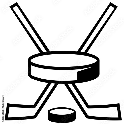 A minimalist black-and-white logo for hockey, using a clean outline of a hockey puck with two simple crossed hockey sticks