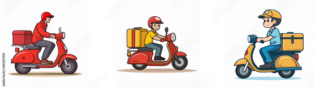 Three cartoon delivery drivers are riding red and yellow scooters. Three cartoon delivery drivers are riding red and yellow scooters.