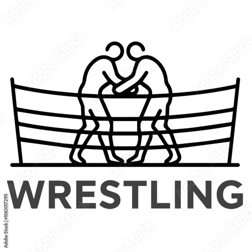 A black-and-white minimalist wrestling logo, featuring a simple line-drawn wrestling ring and a subtle outline of two wrestlers locked in a stance
