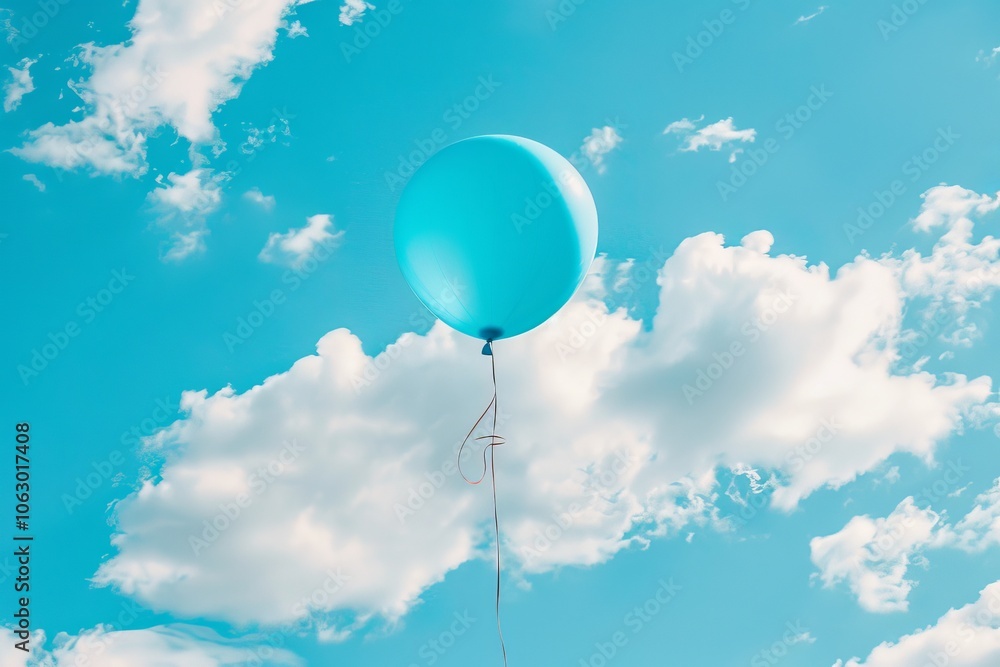 Obraz premium Bright blue balloon floating in clear sky with fluffy white clouds. Concept of blue Monday