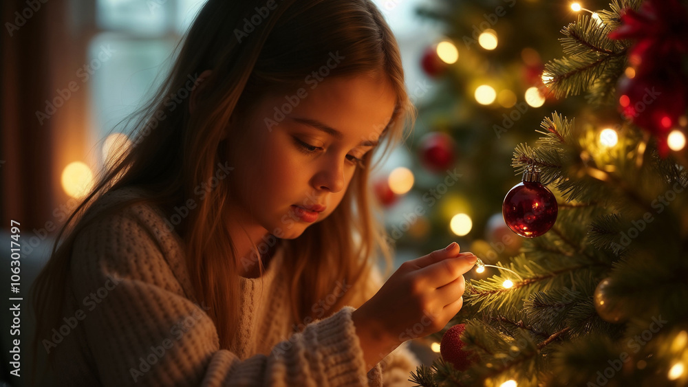 A little girl decorates a Christmas tree. A little girl decorates a Christmas tree.