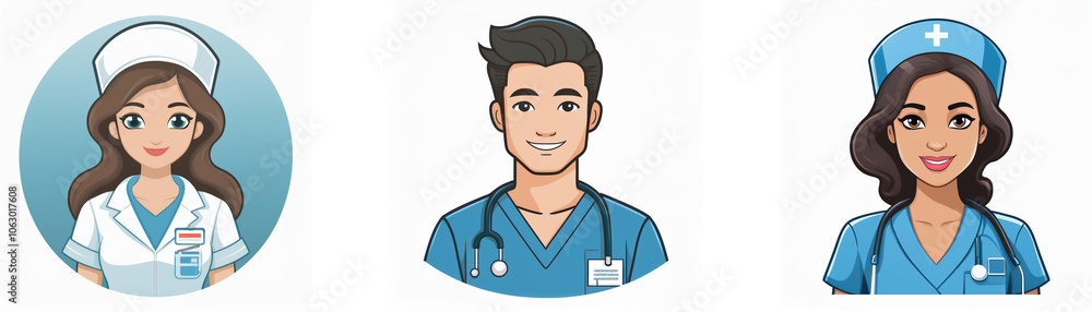 Three cartoon nurses, one female with long brown hair wearing a white uniform and a white cap, a male with short black hair wearing a blue uniform, and a female with long black hair wearing a blue uni Three cartoon nurses, one female with long brown hair wearing a white uniform and a white cap, a male with short black hair wearing a blue uniform, and a female with long black hair wearing a blue uni