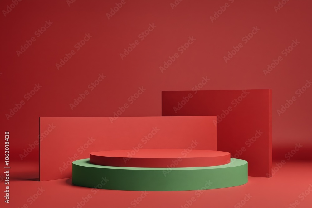 Red and green cylindrical podium on red background Red and green cylindrical podium on red background