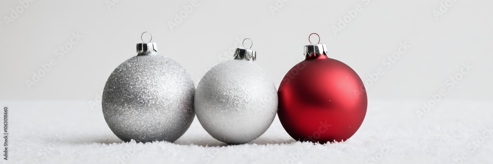 Three Christmas ornaments in red and silver on snow Three Christmas ornaments in red and silver on snow