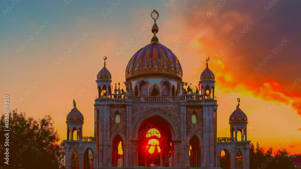 A stunning architectural structure with a dome set against a vibrant sunset sky.