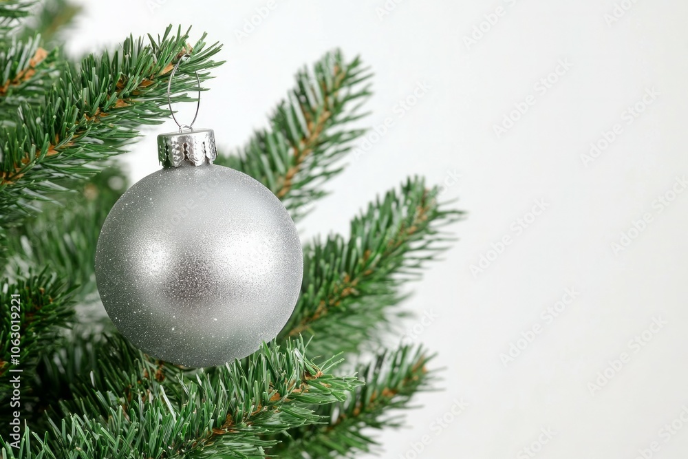 Gray cristmas ball with pine tree leaves close-up, christmas decoration Gray cristmas ball with pine tree leaves close-up, christmas decoration