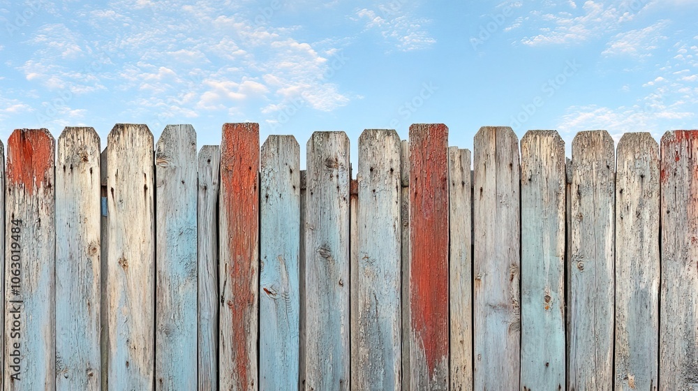 Fototapeta premium Weathered wooden fence on a blue sky background