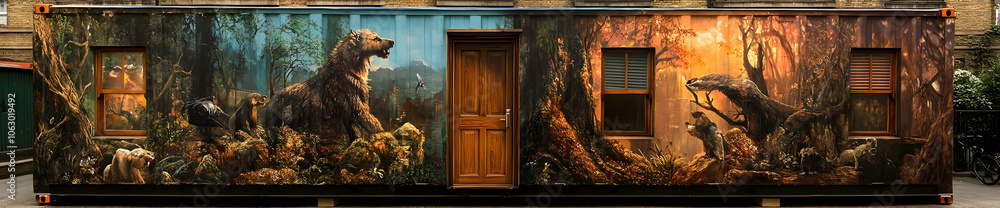 A mural depicting various animals in a natural setting on a shipping container. AI Image A mural depicting various animals in a natural setting on a shipping container. AI Image