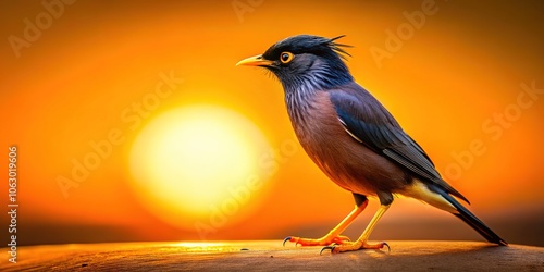 Orange backdrop showcases a Brahminy Starling silhouette, a food photo. photo