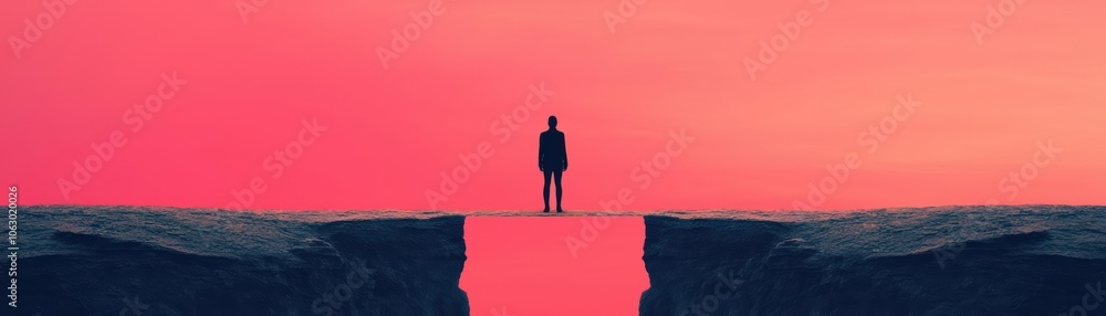Fototapeta premium A person standing on a bridge between two cliffs, symbolizing the transition from depression to mental health wellbeing