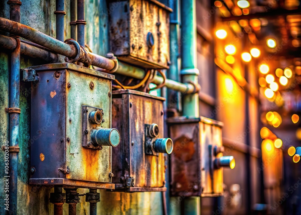 Plumbing and electricity, bokeh-drenched in a city's heart.