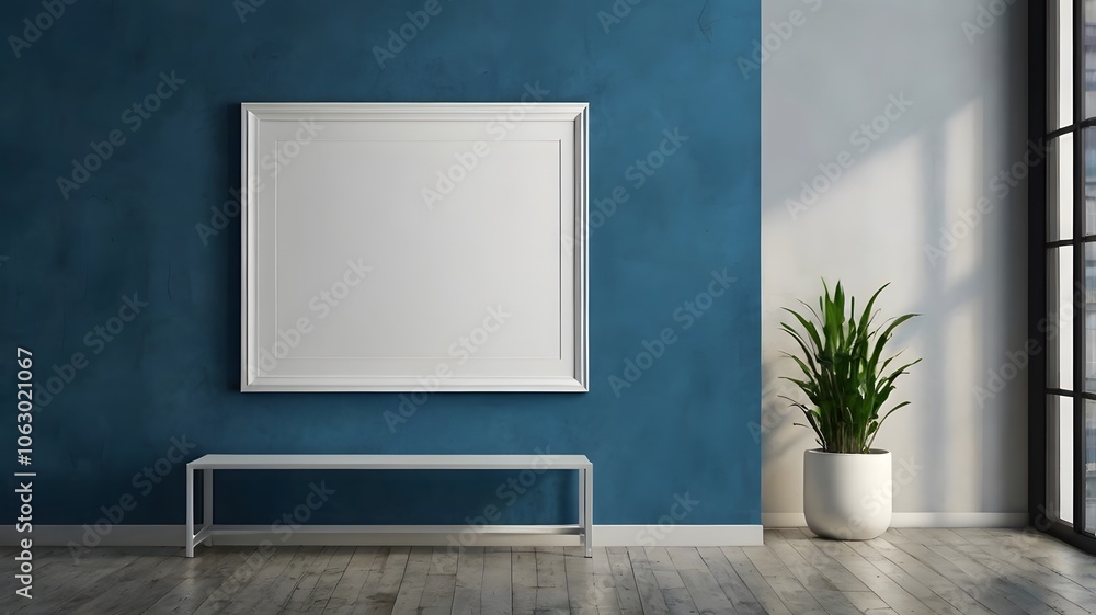 Blank white photo frame mockup on elegant blue wall, modern furniture & green plants vase. concepts of interior design & contemporary living spaces Blank white photo frame mockup on elegant blue wall, modern furniture & green plants vase. concepts of interior design & contemporary living spaces