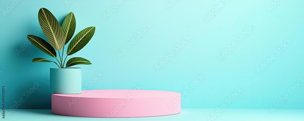 Modern plant display on a pastel podium against a vibrant turquoise background. Modern plant display on a pastel podium against a vibrant turquoise background.