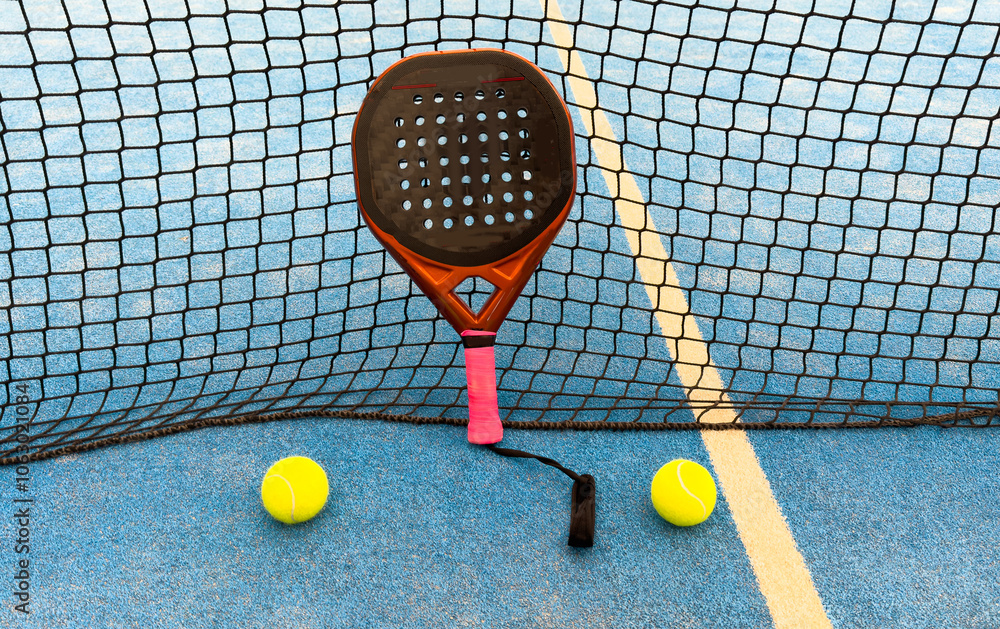 Φωτογραφία padel racket on a padel blue court with a ball
