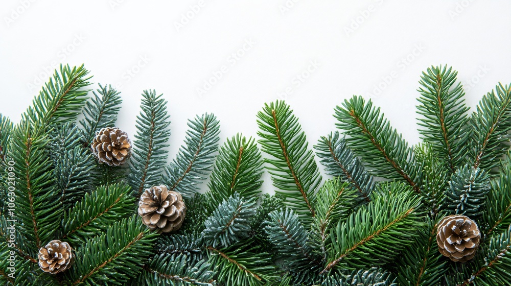 Christmas Pine Branches with Pine Cones on White Background Christmas Pine Branches with Pine Cones on White Background