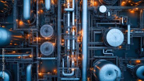 Aerial view of a complex industrial refinery with large tanks, pipelines, and illuminated lights, showcasing intricate metal infrastructure and industrial engineering.