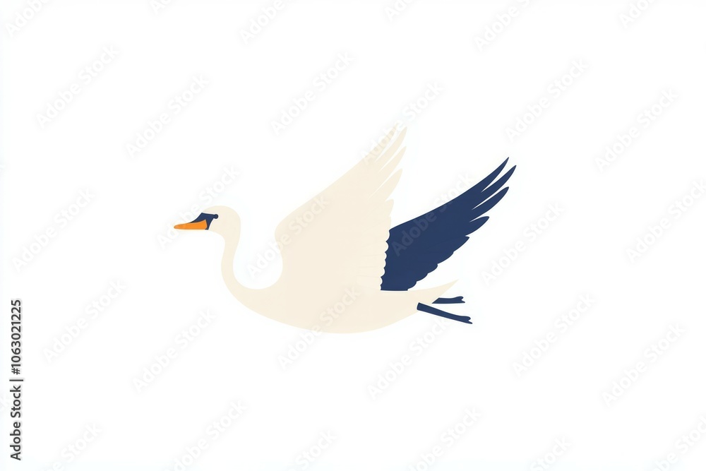 Obraz premium Cartoon hand drawn illustration of swan flying in the air on white background