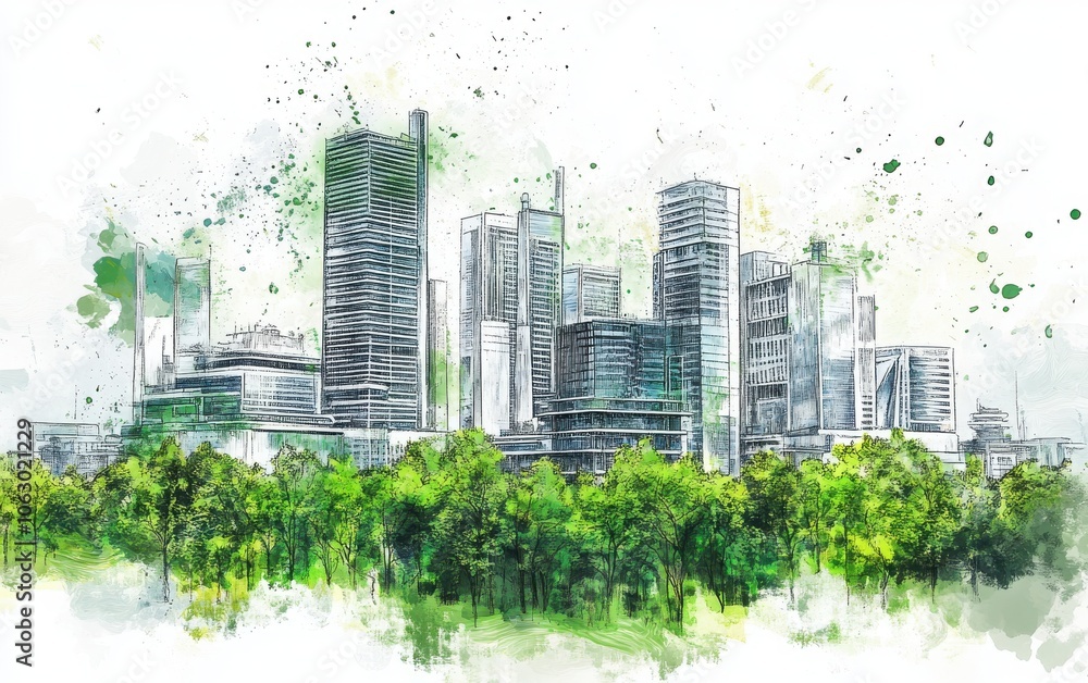 Obraz premium Illustrate a detailed sketch of an industrial building showcasing green architecture and advanced energy capture and storage technology, presented on a white background.