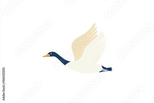 Cartoon hand drawn illustration of swan flying in the air on white background