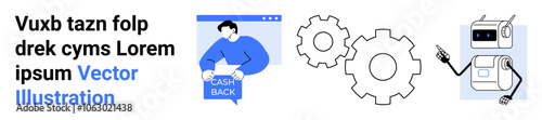 Cashback man holding a phone, two interlocking gears, robot with pointing arm. Ideal for technology, finance, business automation, engineering, digital marketing, user interface, process optimization