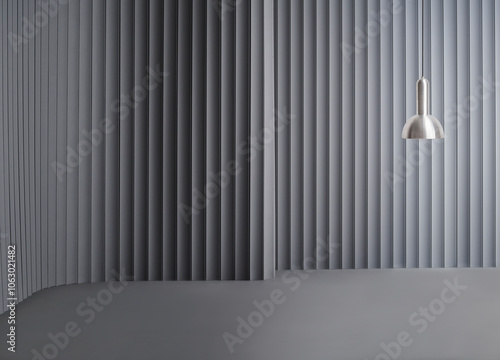 Decorative grey wall background and lamp concept, chair sofa and furniture design. Dark color floor.