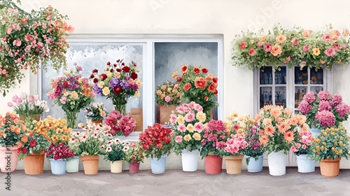 Flower shop with colorful flowers displayed outside is depicted in a watercolor illustration