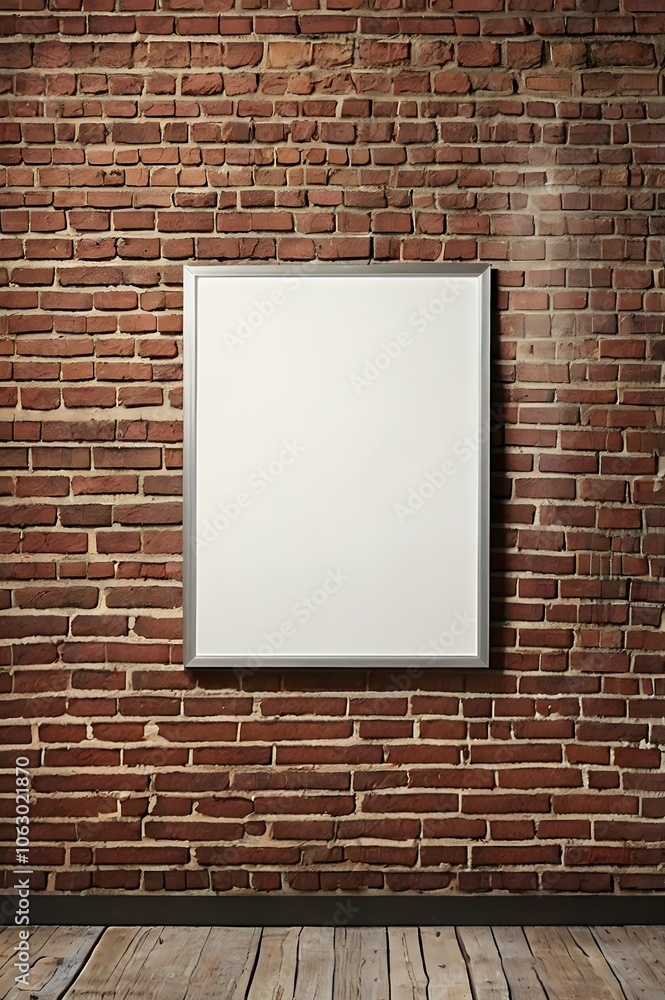 Blank white photo frame mockup on rustic brick wall & wooden floor, empty Passepartout for still photograph snapshot Blank white photo frame mockup on rustic brick wall & wooden floor, empty Passepartout for still photograph snapshot