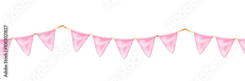 Watercolor pennant banner in pastel pink color, ideal for a baby girl's birthday or gender reveal. The design features hand-drawn flags and ribbons, creating a playful yet elegant atmosphere