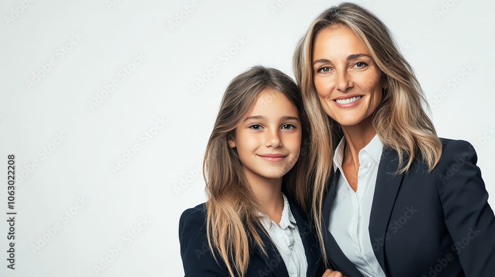 A mother and her young daughter are wearing black suits and white shirts. A mother and her young daughter are wearing black suits and white shirts.