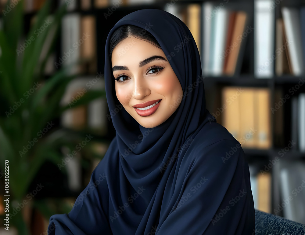 A smiling woman in a hijab poses warmly in a cozy, book-filled environment. AI Image A smiling woman in a hijab poses warmly in a cozy, book-filled environment. AI Image