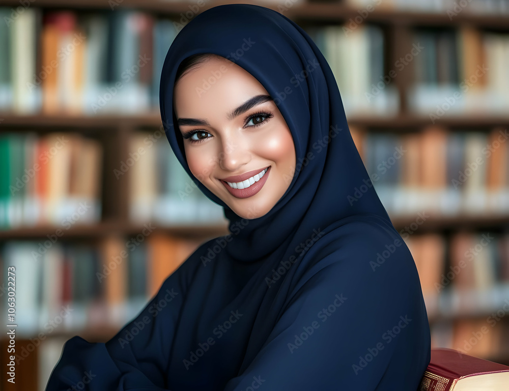 A smiling woman in a hijab poses in a library setting, exuding confidence and warmth. AI Image A smiling woman in a hijab poses in a library setting, exuding confidence and warmth. AI Image