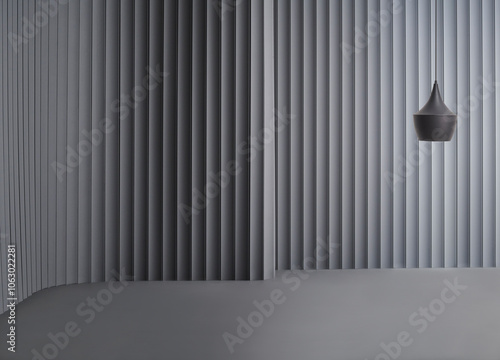 Decorative grey wall background and lamp concept, chair sofa and furniture design. Dark color floor.