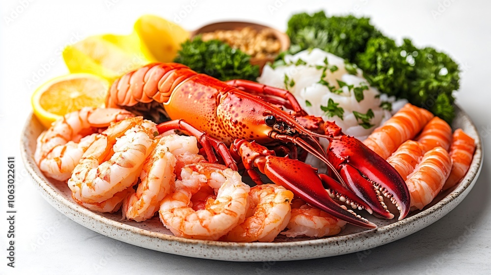 Fresh Lobster and Shrimp Seafood Platter with Lemon and Parsley Fresh Lobster and Shrimp Seafood Platter with Lemon and Parsley