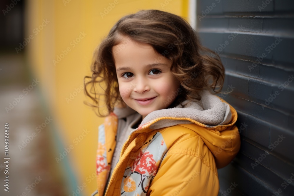 Portrait of a cute little girl with curly hair in a yellow jacket and gray scarf Portrait of a cute little girl with curly hair in a yellow jacket and gray scarf