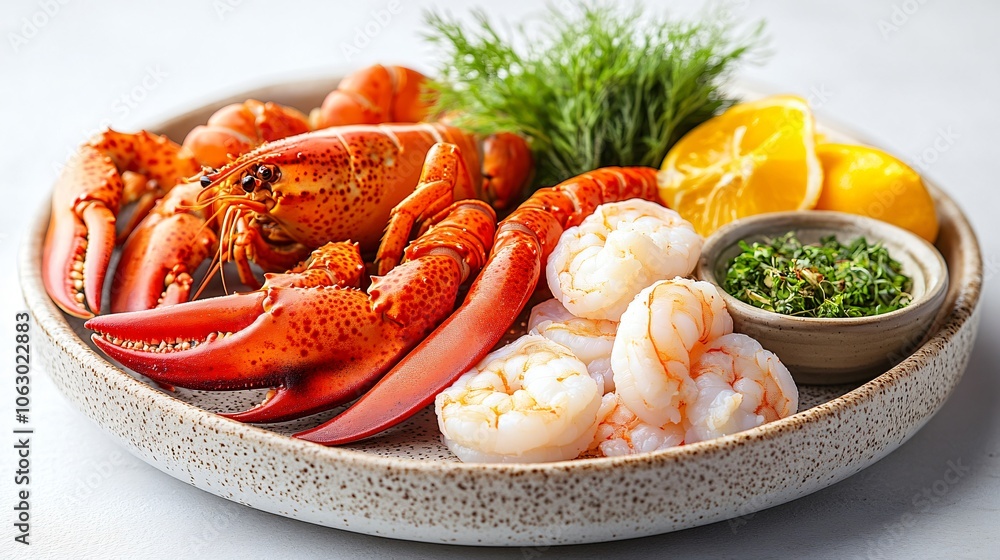 Lobster Shrimp Lemon and Herbs on Plate Lobster Shrimp Lemon and Herbs on Plate