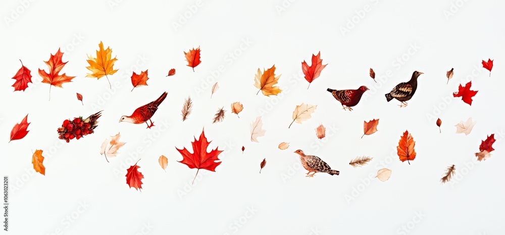 Autumn leaves, birds, and berries on white background. Autumn leaves, birds, and berries on white background.