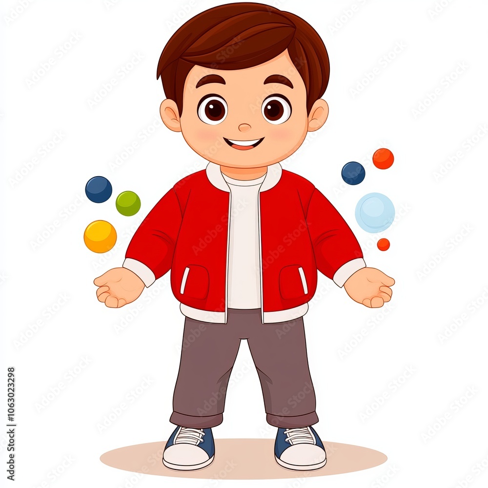 A cheerful cartoon boy in a red jacket with colorful circles around him. A cheerful cartoon boy in a red jacket with colorful circles around him.