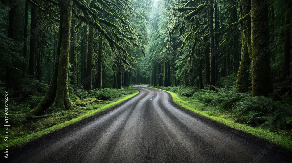 Naklejka premium Winding road through dense, lush green forest with tall moss-covered trees and ferns creating a tunnel-like canopy