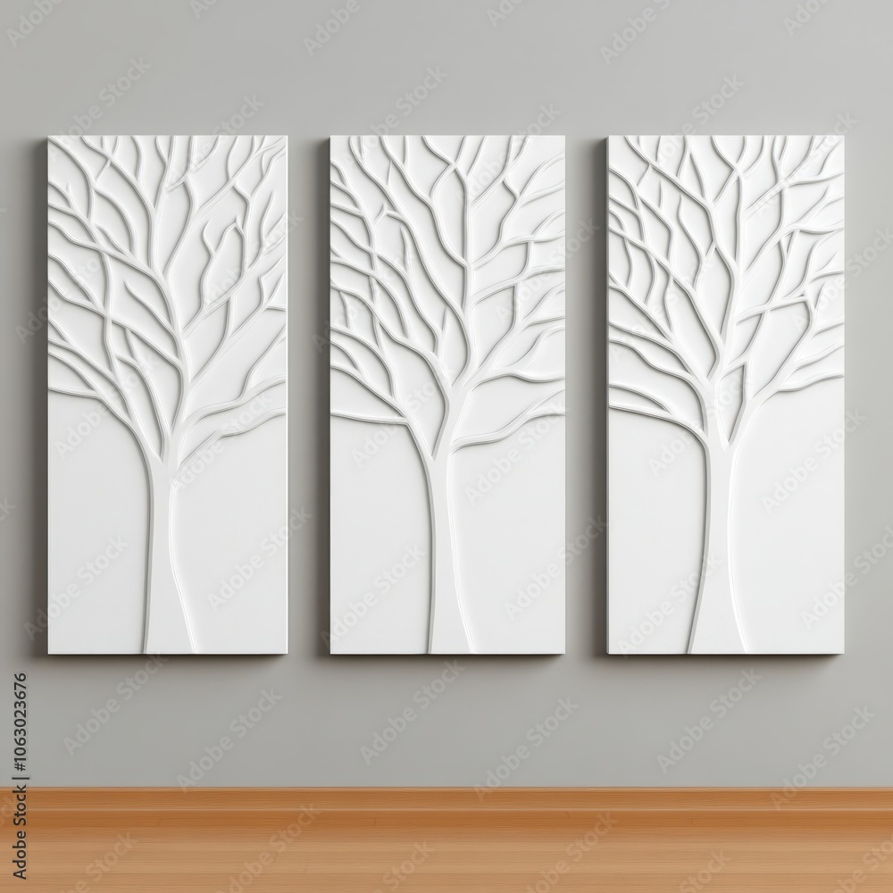 Obraz premium Three white panels featuring tree branch designs on a gray wall.